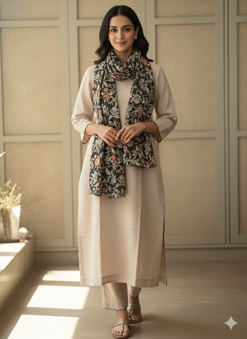 Off-White & Olive Scallop Suit Set