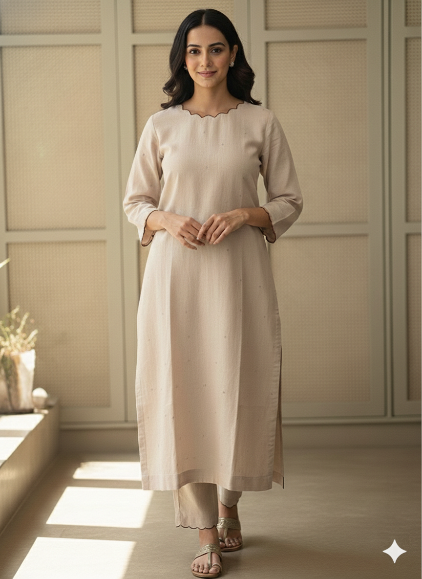 Off-White & Olive Scallop Suit Set