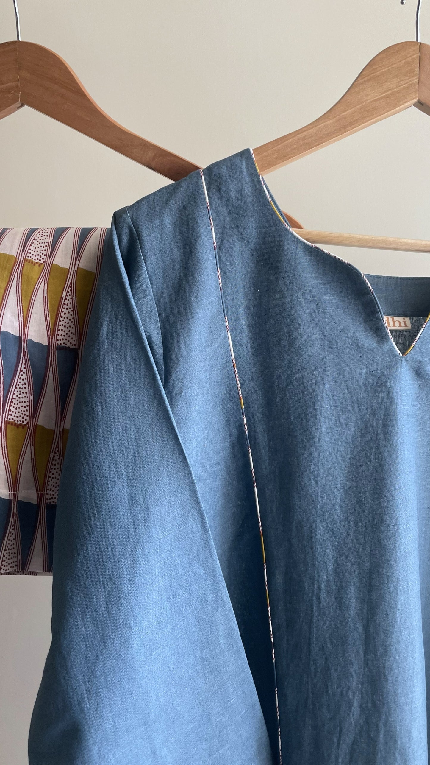 Blue Cotton Linen A-line Kurta Set