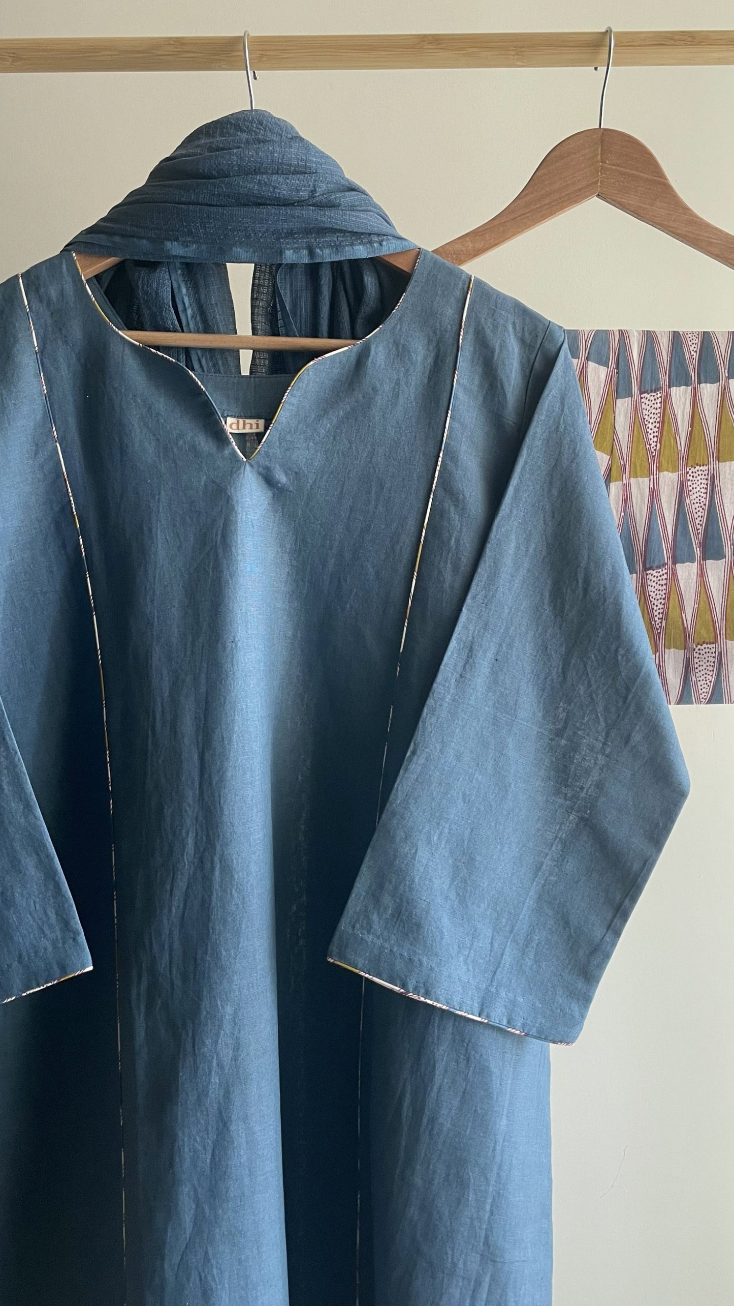 Blue Cotton Linen A-line Kurta Set