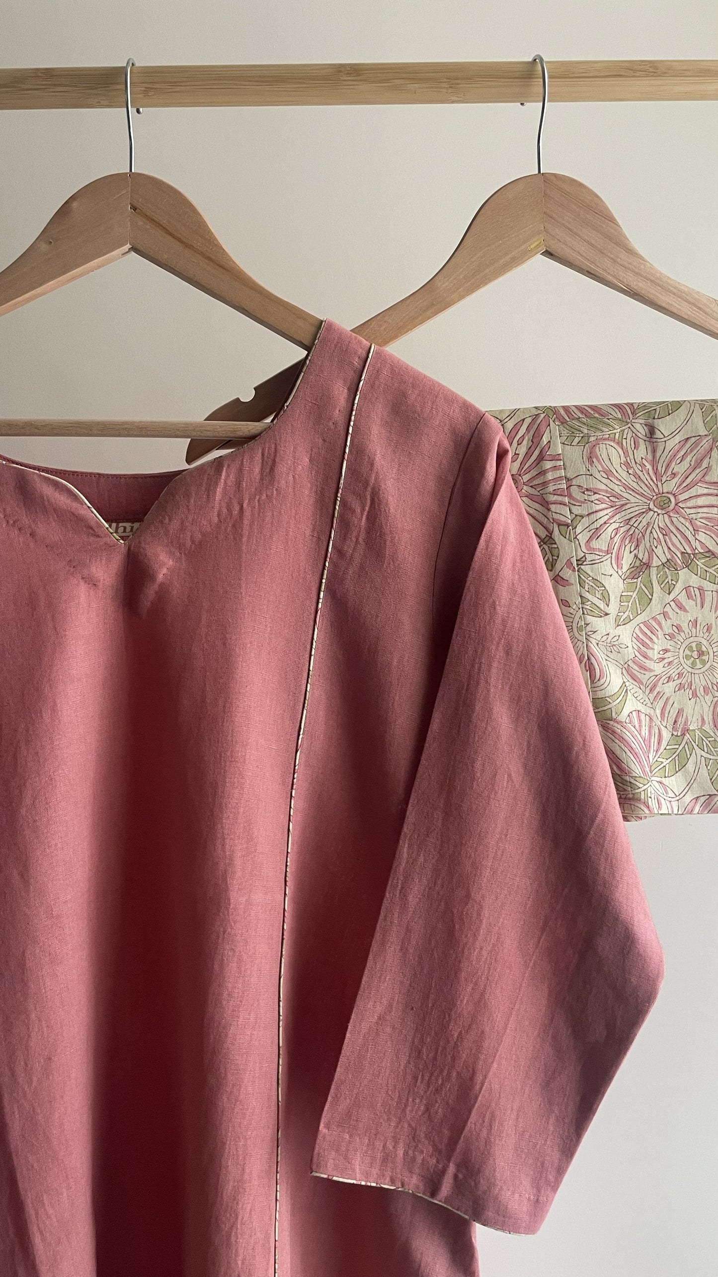 Dusty Pink Floral Cotton Linen A-line Kurta Set