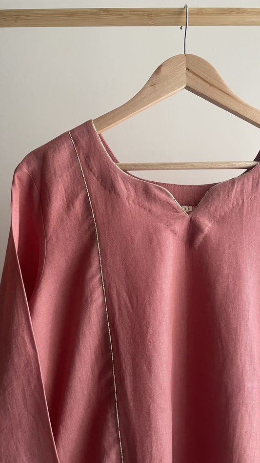 Dusty Pink Floral Cotton Linen A-line Kurta Set