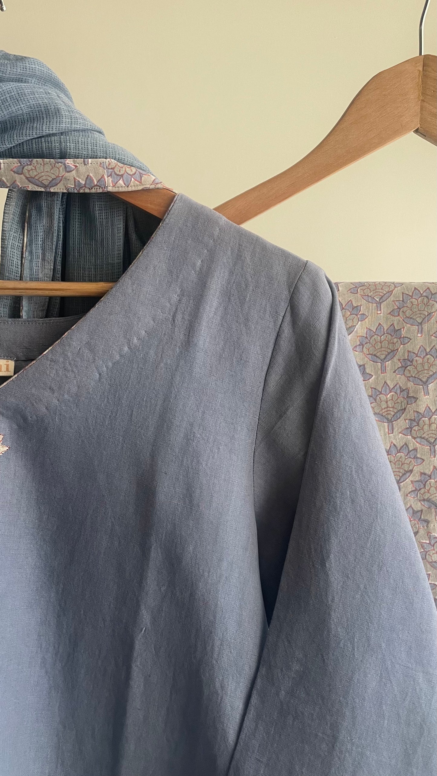 Blue Linen Kurta Set with Hand-Block Printed Pants