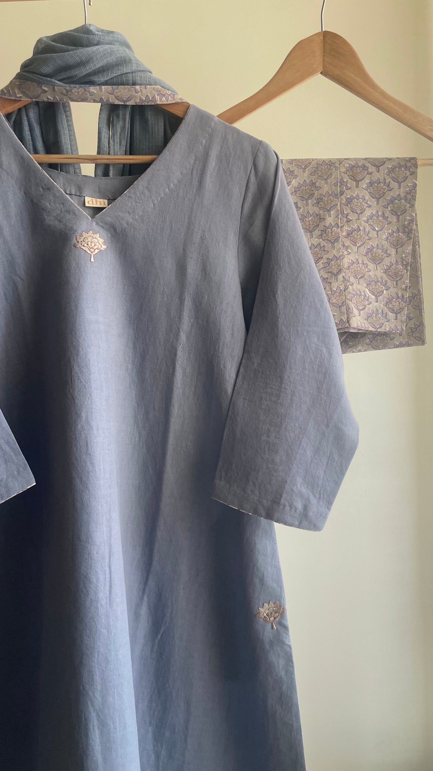 Blue Linen Kurta Set with Hand-Block Printed Pants
