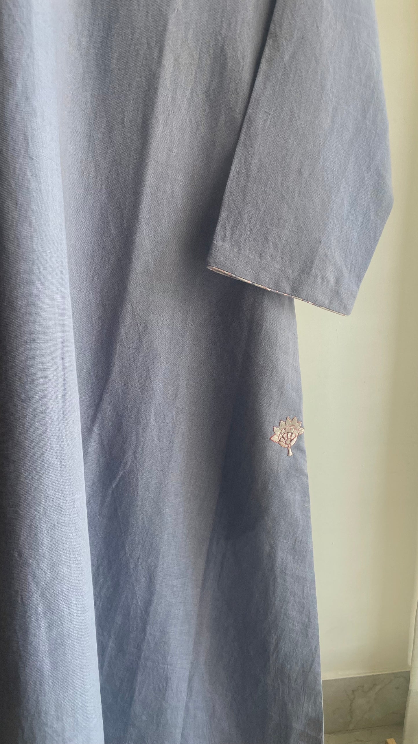 Blue Linen Kurta Set with Hand-Block Printed Pants