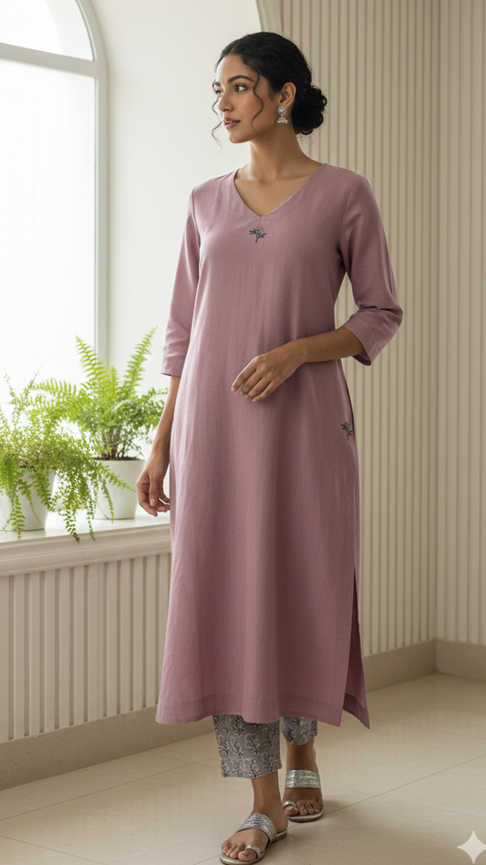 Mauve Linen Kurta With Hand-block Printed Pants