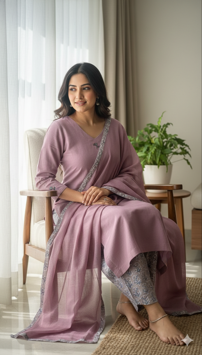 Mauve Linen Kurta With Hand-block Printed Pants