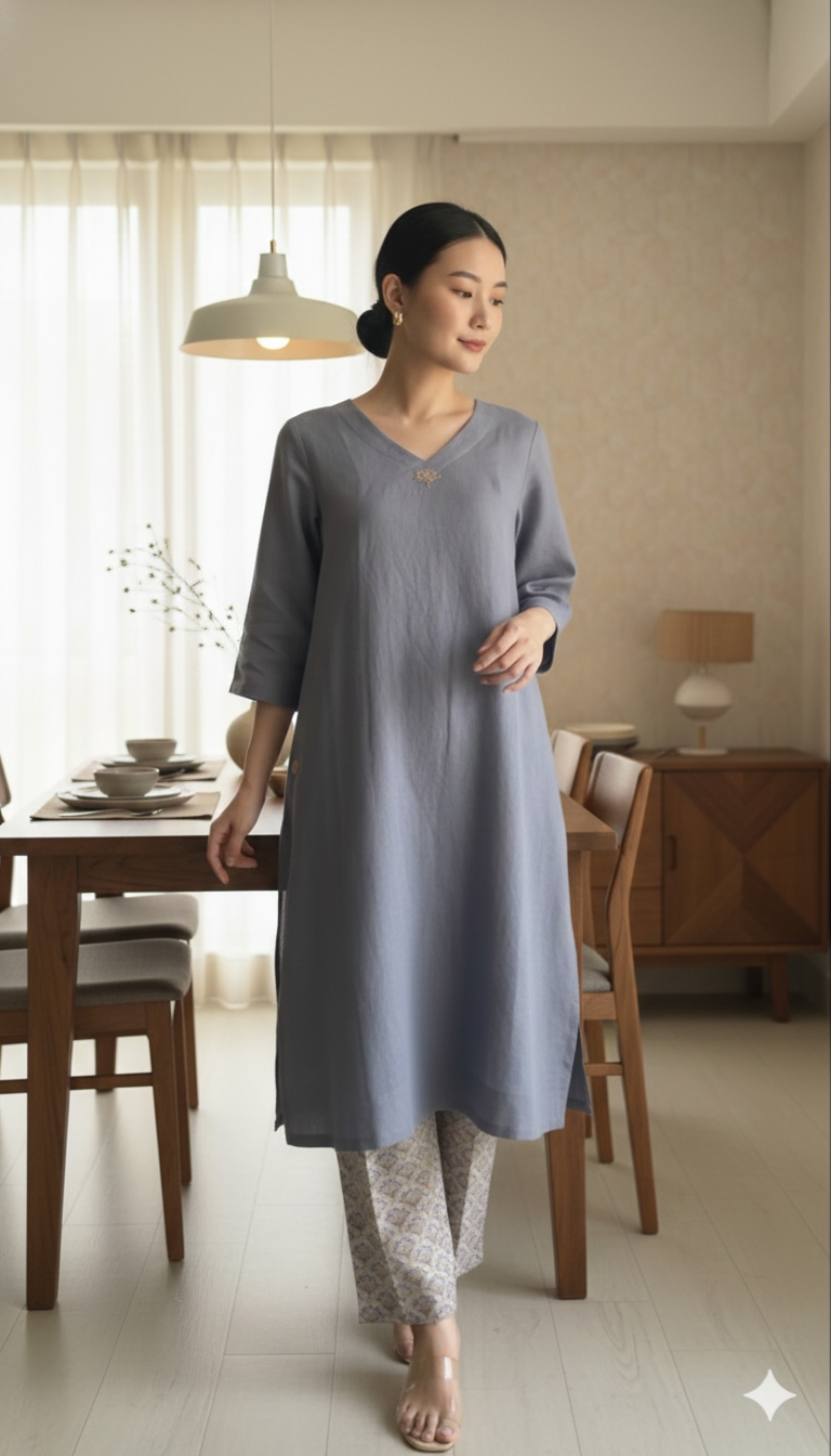 Blue Linen Kurta Set with Hand-Block Printed Pants