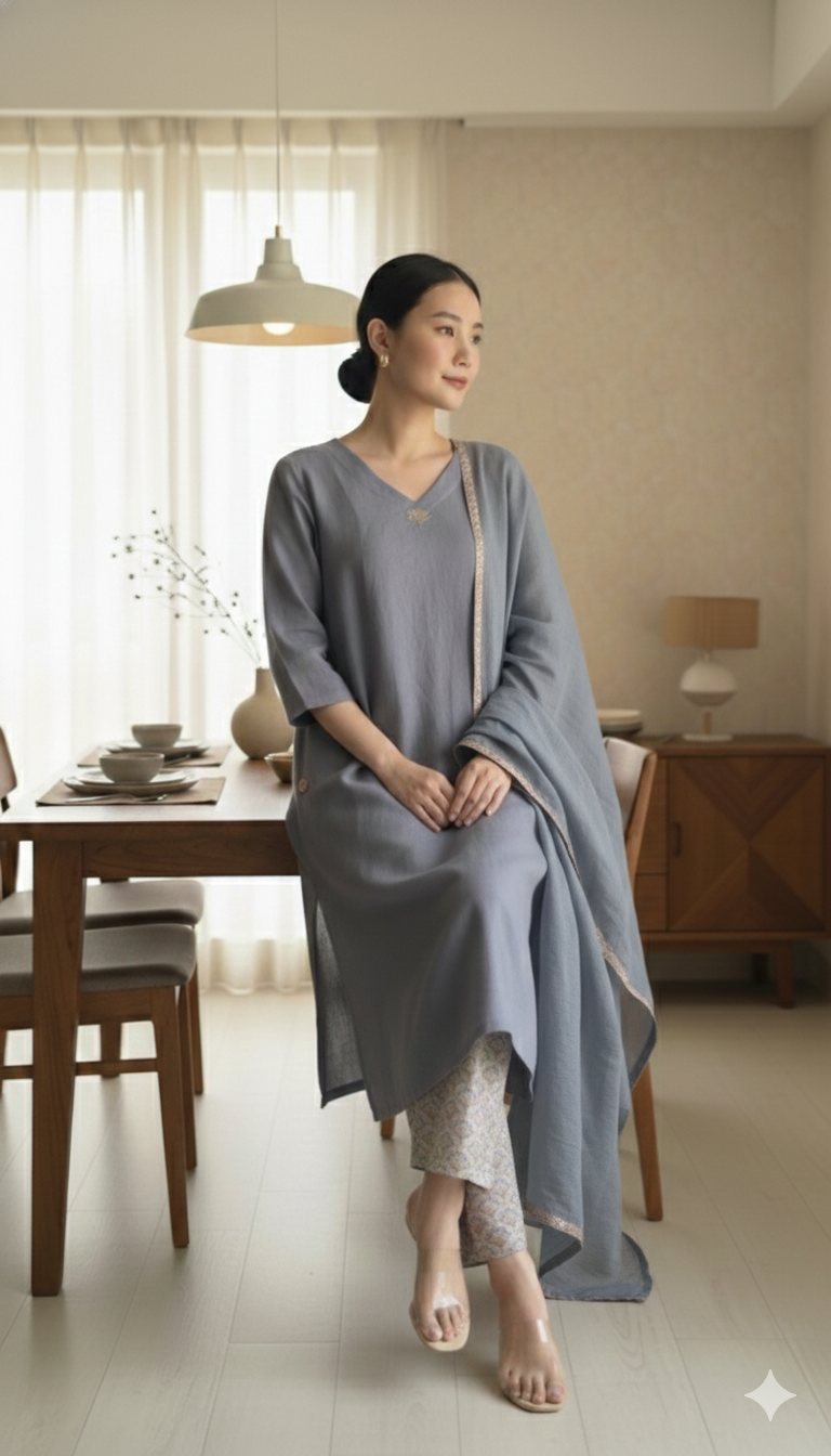 Blue Linen Kurta Set with Hand-Block Printed Pants