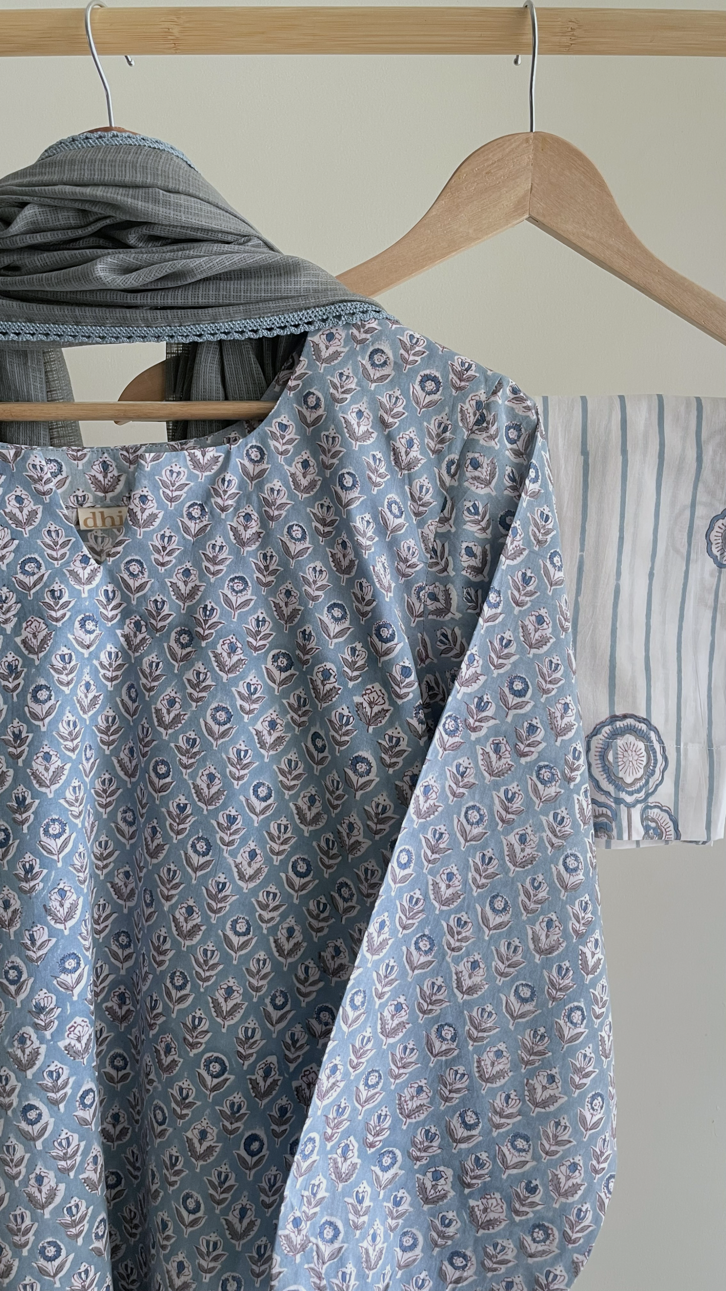 Sky Blue Floral & Stripe Hand-Block Suit Set