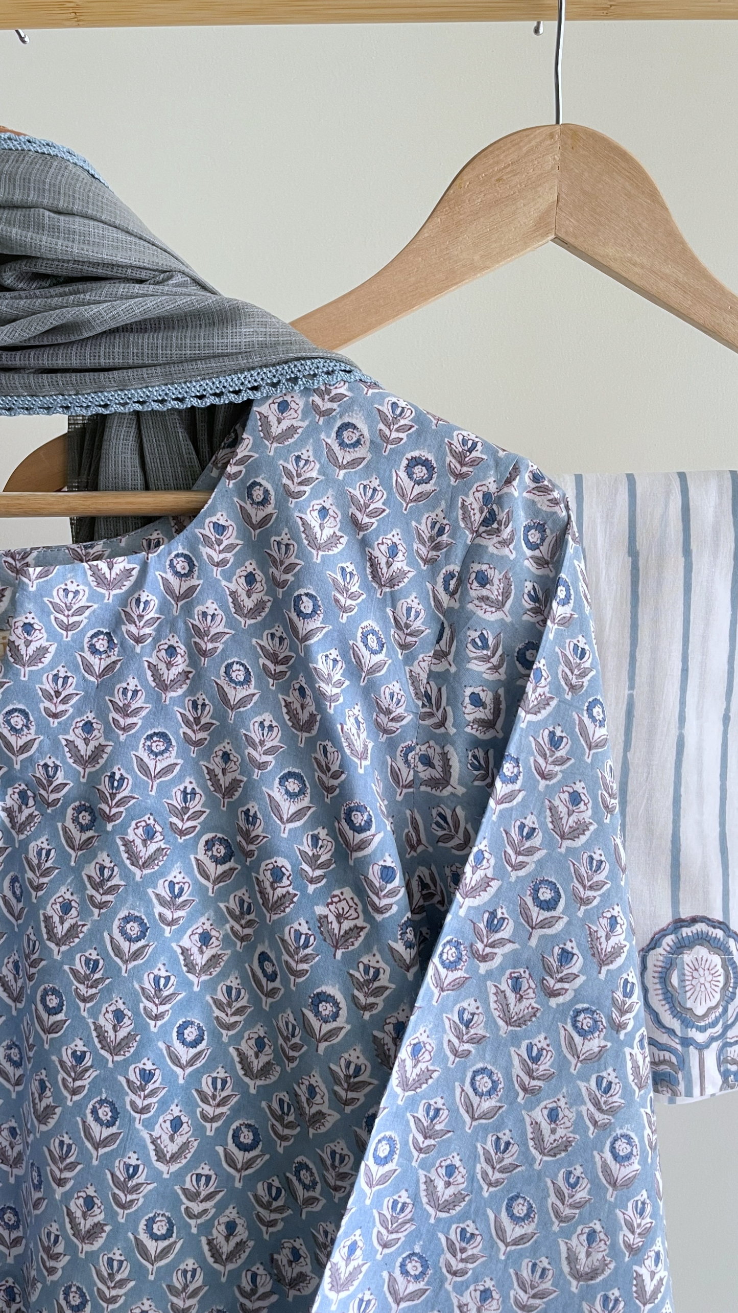 Sky Blue Floral & Stripe Hand-Block Suit Set