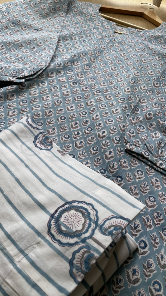 Sky Blue Floral & Stripe Hand-Block Suit Set