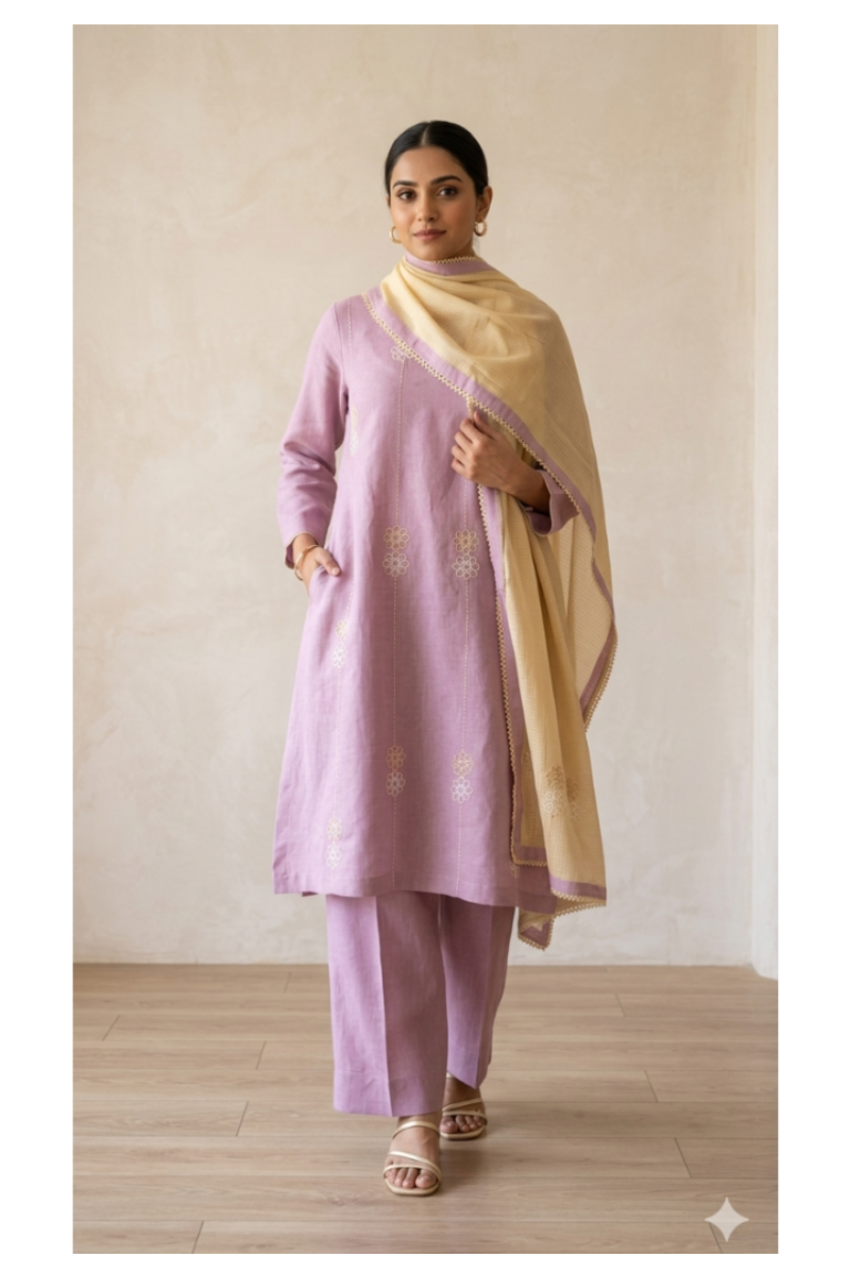 The Pastel Pink Embroidery Kurta Suit with Yellow dupatta