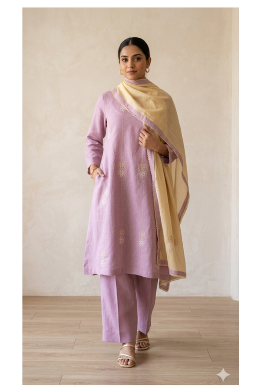 The Pastel Pink Embroidery Kurta Suit with Yellow dupatta