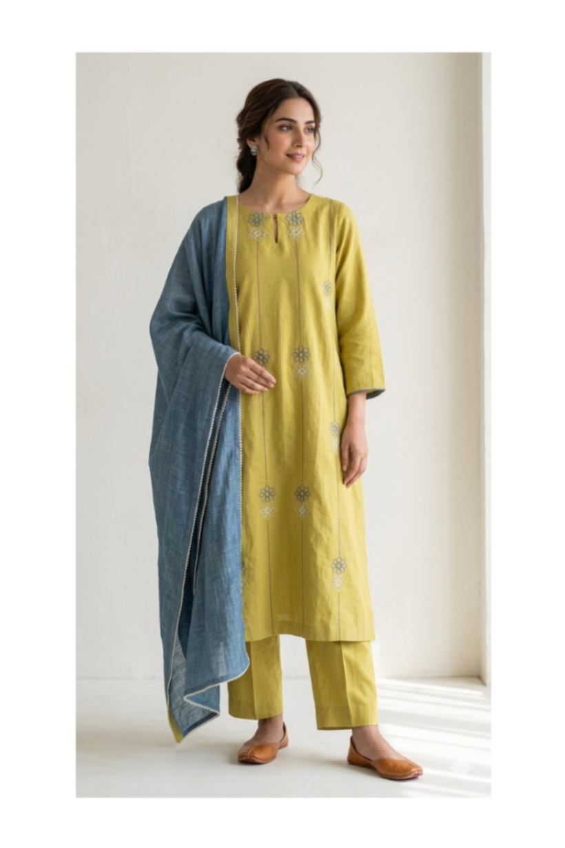The Pastel Yellow Embroidery Kurta Suit with Slate Blue dupatta