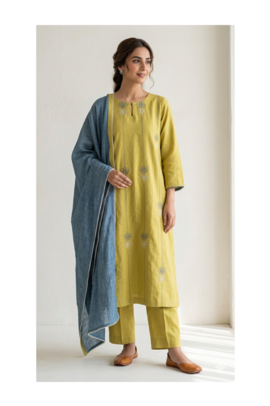 The Pastel Yellow Embroidery Kurta Suit with Slate Blue dupatta