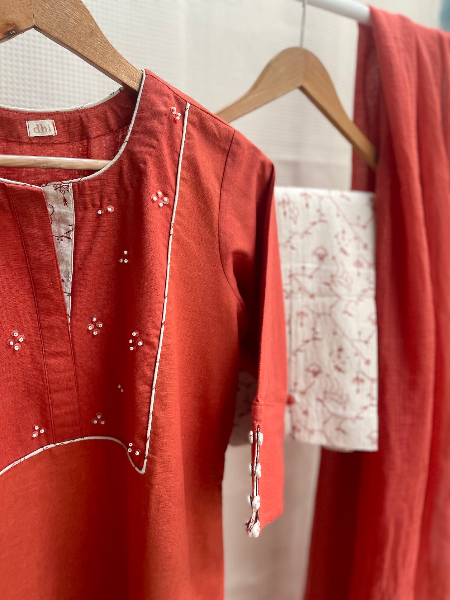 Rust Cotton Handblock Printed Suit with Hand-Tucked Bead Embellishment