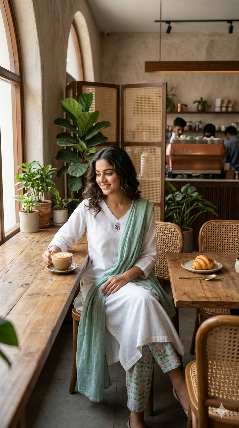 White Linen Kurta Set with Hand-Block Printed Pants