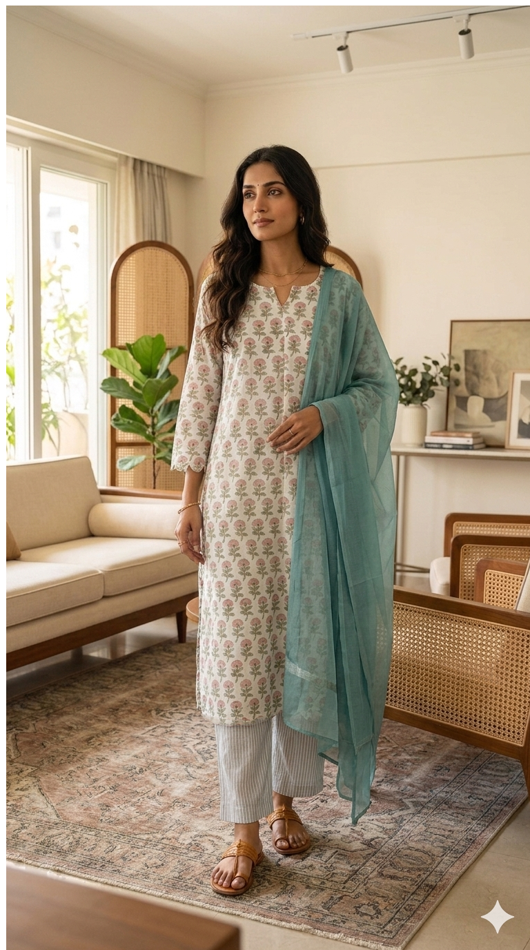 Blossom Blue & Pink Hand-block Printed Suit Set