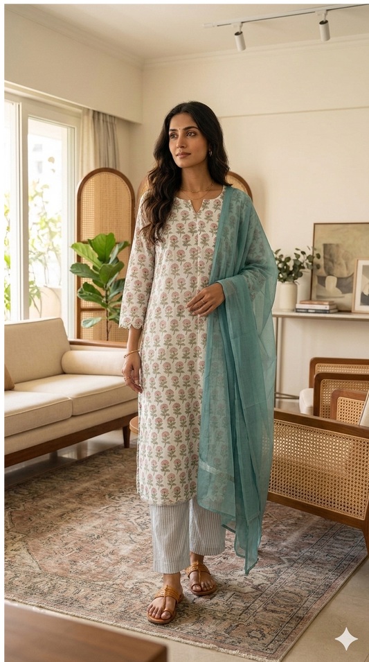 Blossom Blue & Pink Hand-block Printed Suit Set