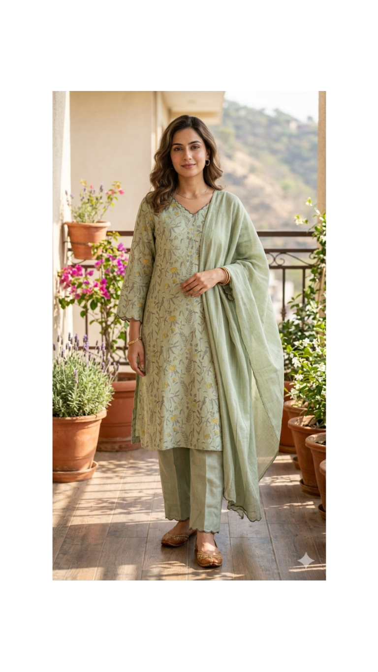 Fog Green Handblock Printed Chanderi