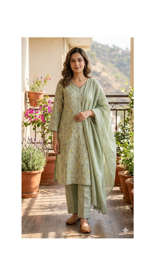 Fog Green Handblock Printed Chanderi