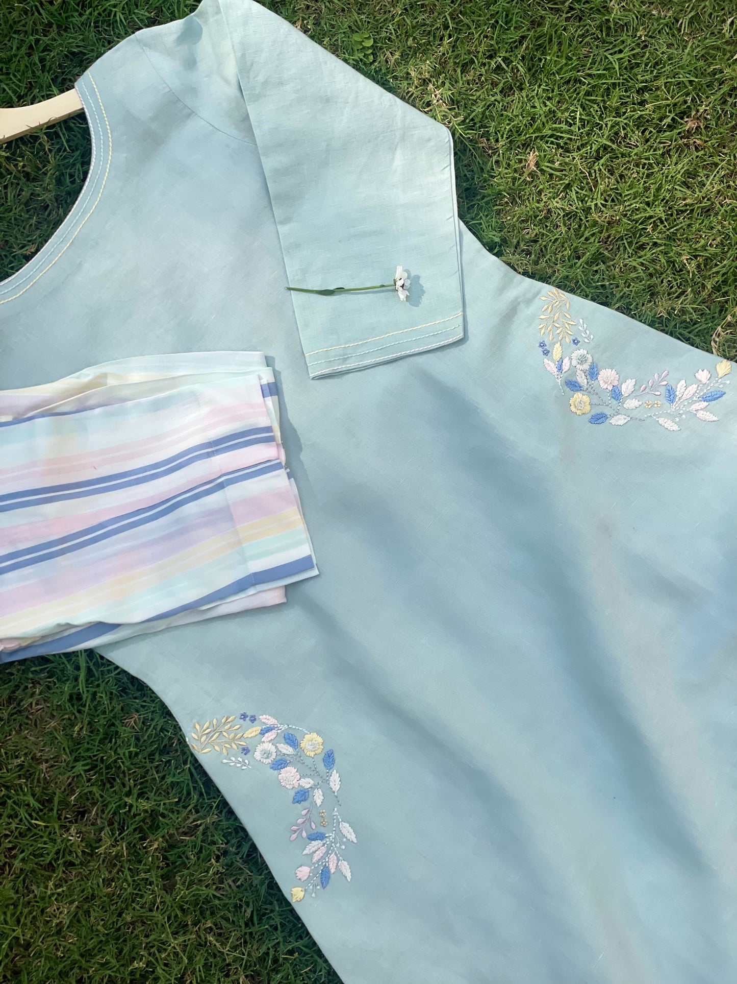 Sky Blue Cotton Linen suit with Floral Thread Embroidery