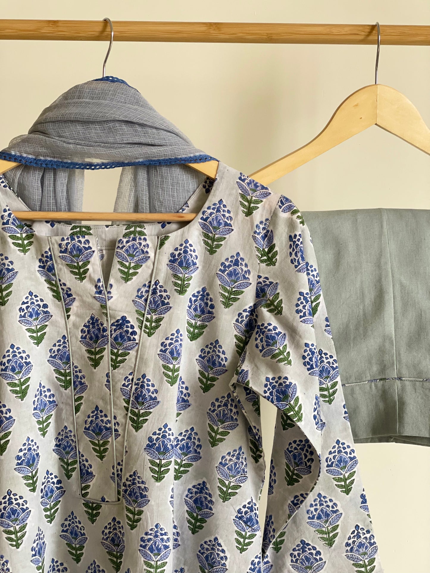 Dusty blue Handblock Printed Suit Set