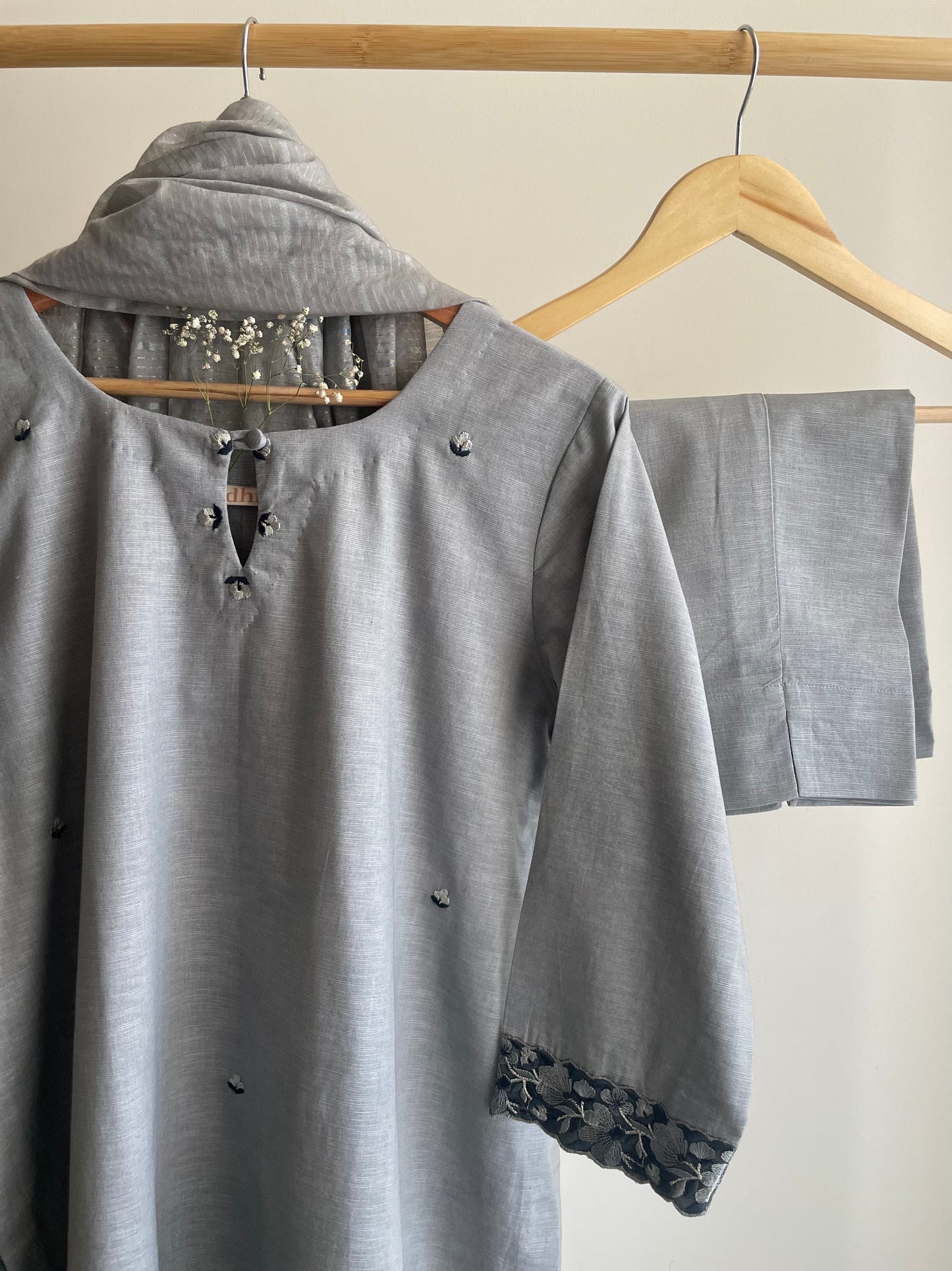 Premium Grey Cotton Linen Kurta with Intricate Floral Thread Work