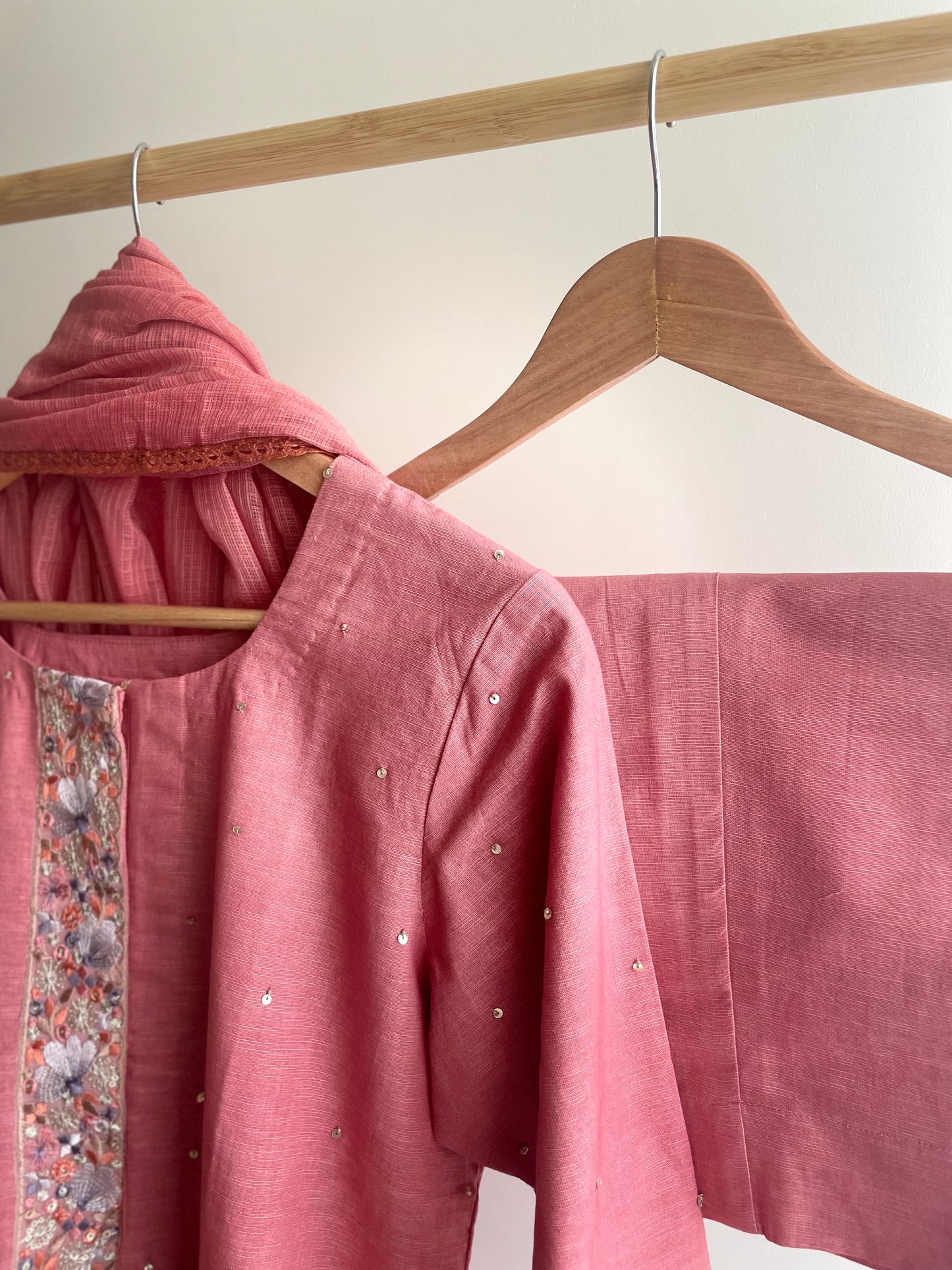 Blush Bloom Pink Cotton-Linen Suit with Floral Thread Embroidery