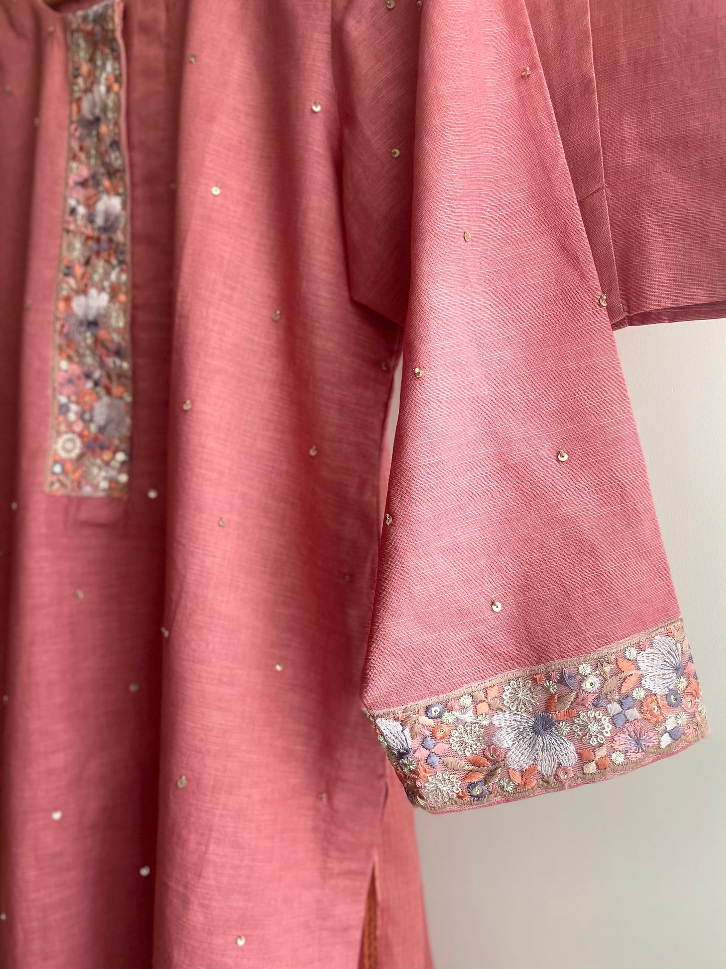 Blush Bloom Pink Cotton-Linen Suit with Floral Thread Embroidery