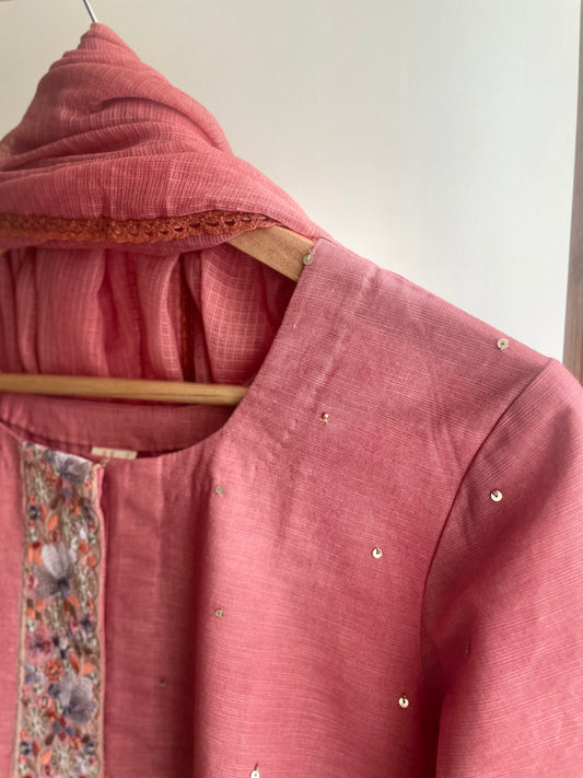 Blush Bloom Pink Cotton-Linen Suit with Floral Thread Embroidery