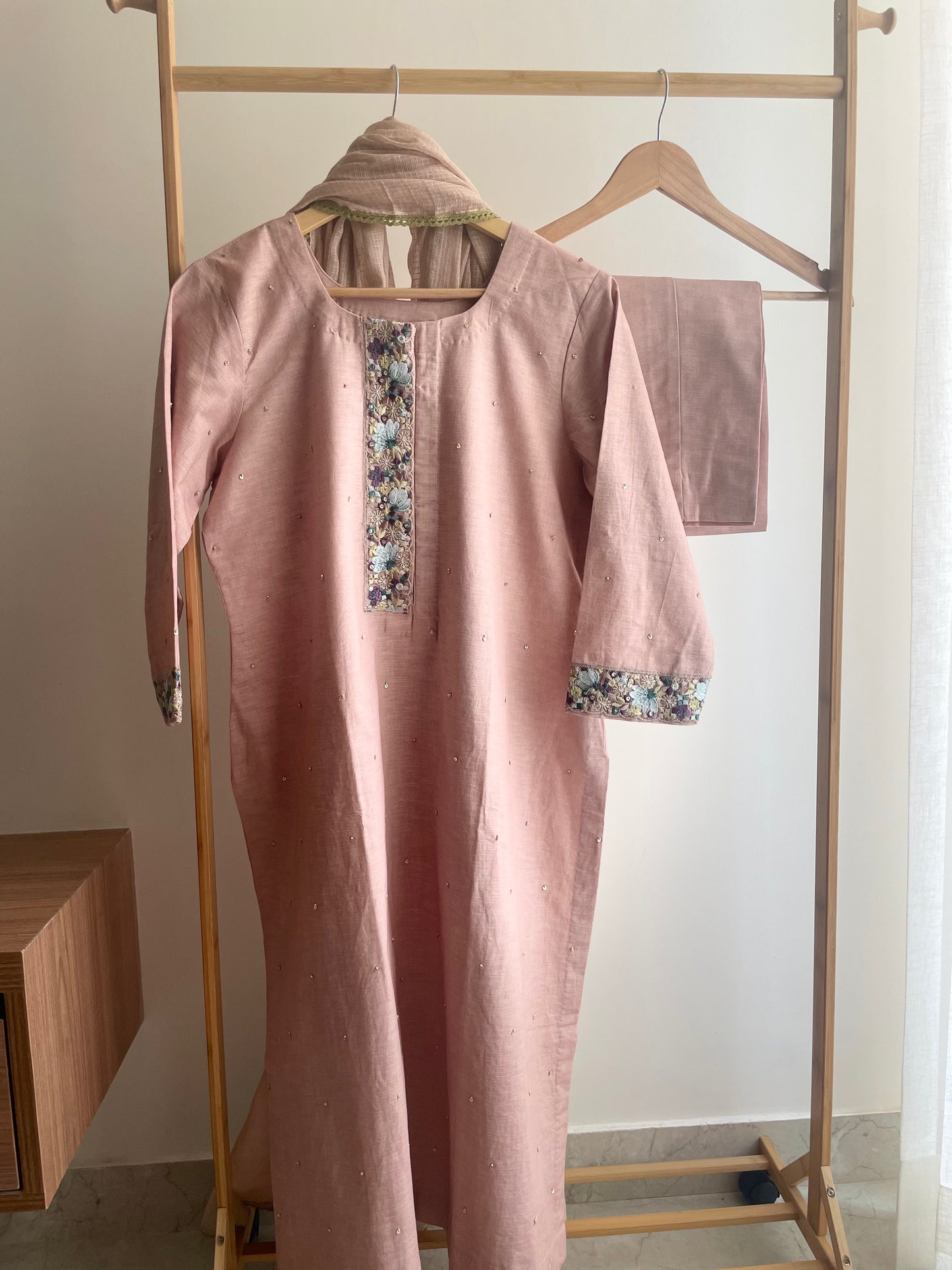 Beige Whisper – Floral Thread Embroidered Cotton Linen Suit
