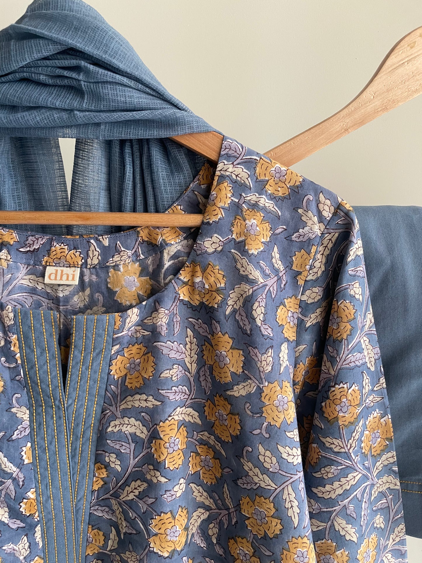 Blue Cotton Suit with Intricate Multicolor Thread Embroidery