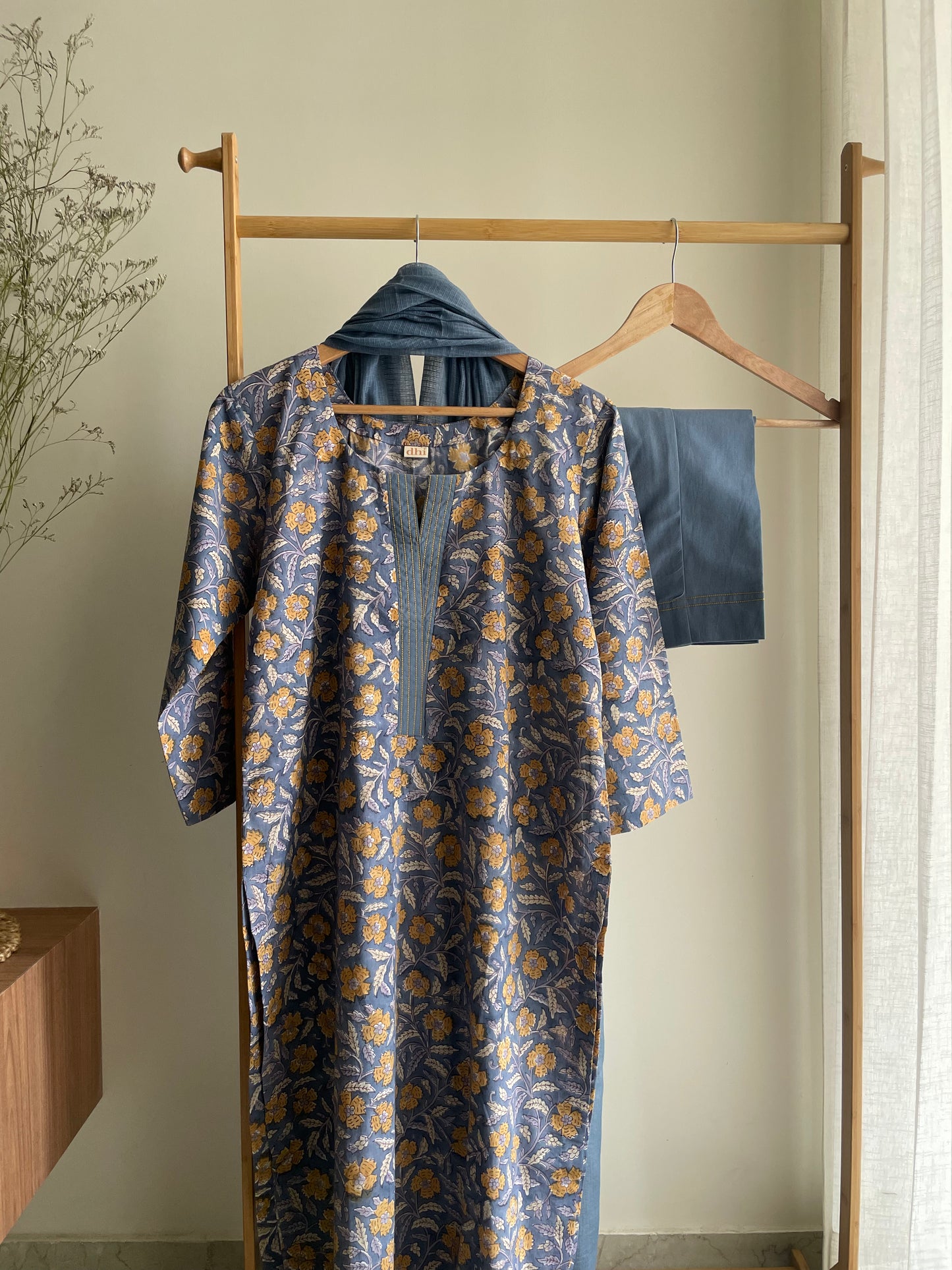 Blue Cotton Suit with Intricate Multicolor Thread Embroidery