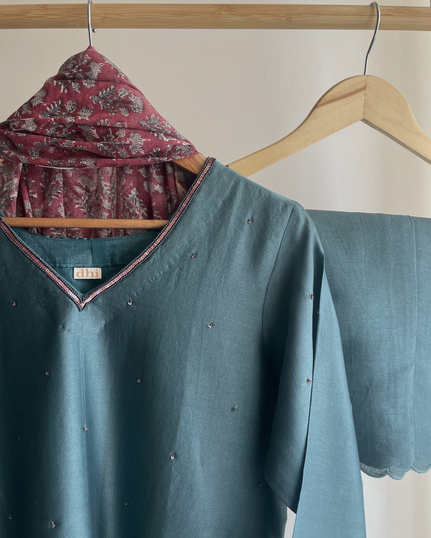 Teal Handblock Printed Chanderi Suit Set