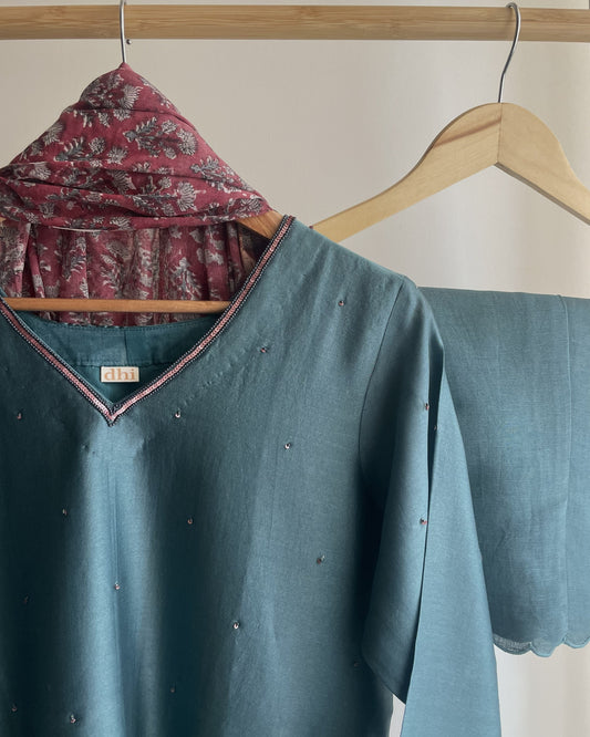 Teal Handblock Printed Chanderi Suit Set