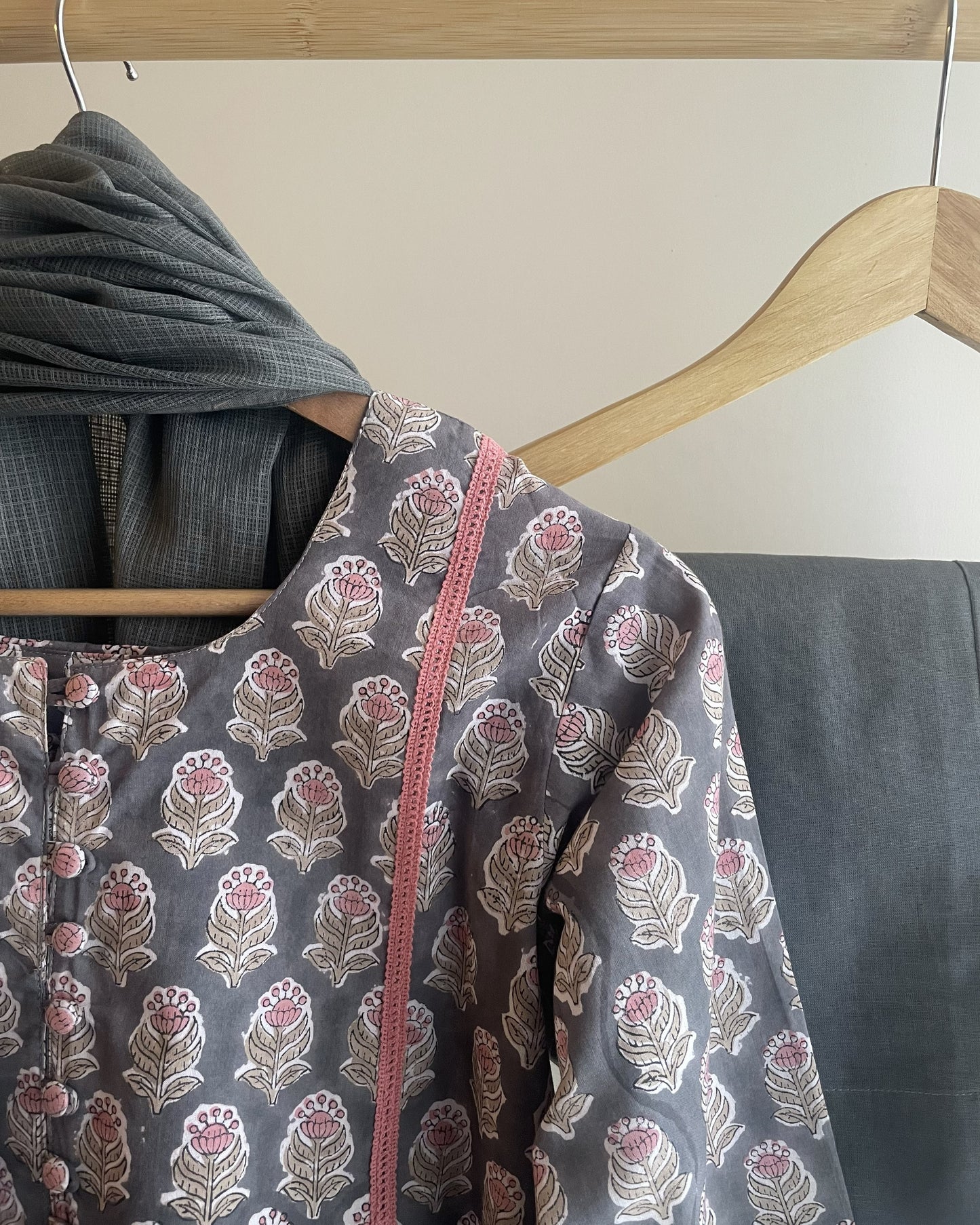 Dark Olive Cotton Suit with Crochet Lace and Loop Buttons