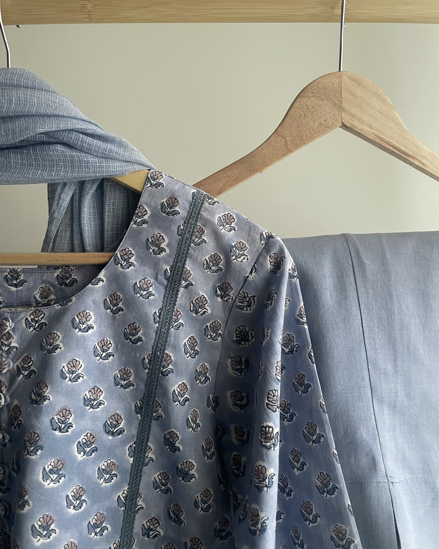 Dusty Blue Cotton Suit with Crochet Lace and Loop Buttons