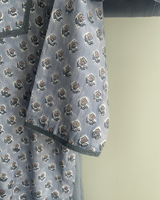 Dusty Blue Cotton Suit with Crochet Lace and Loop Buttons