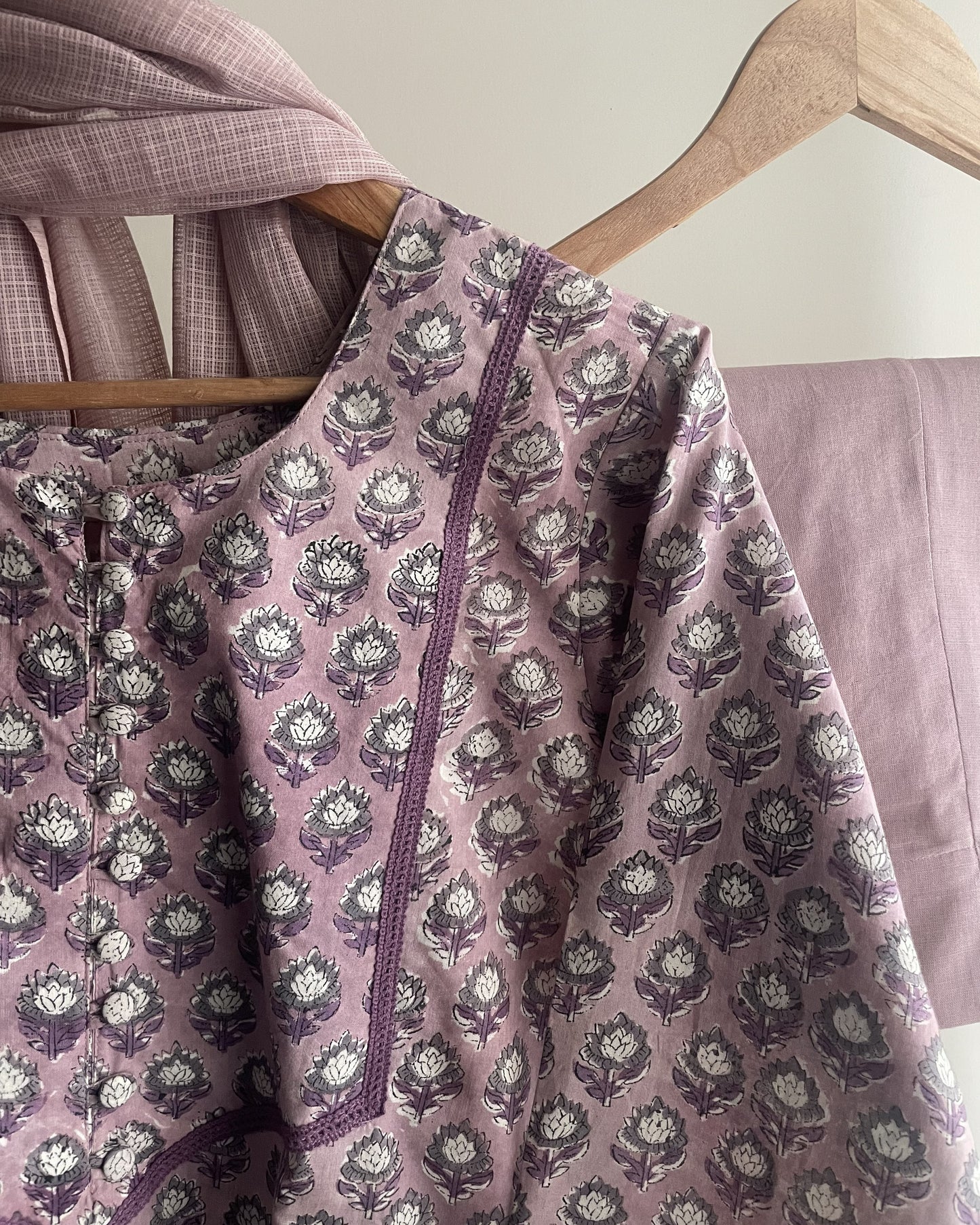 Lilac Cotton Suit with Crochet Lace and Loop Buttons