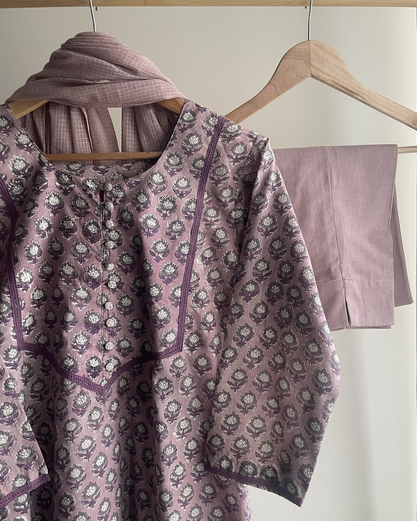 Lilac Cotton Suit with Crochet Lace and Loop Buttons