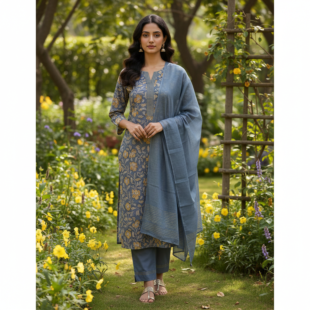 Blue Cotton Suit with Intricate Multicolor Thread Embroidery