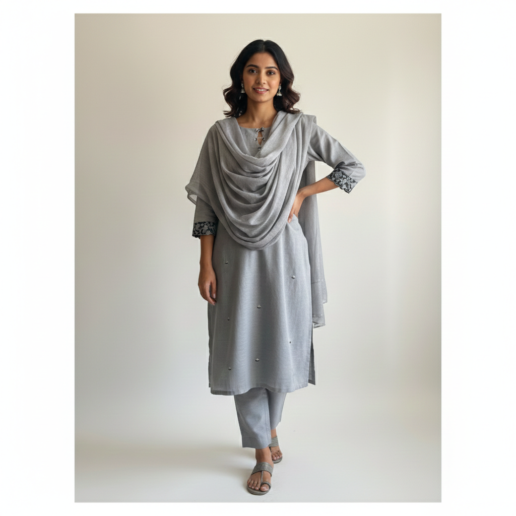 Premium Grey Cotton Linen Kurta with Intricate Floral Thread Work