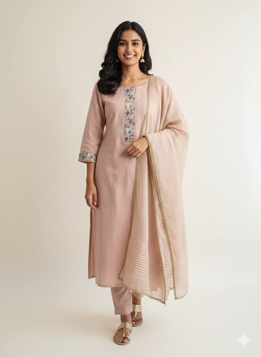 Beige Whisper – Floral Thread Embroidered Cotton Linen Suit