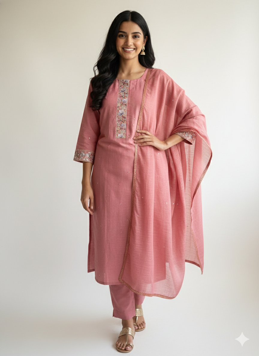Blush Bloom Pink Cotton-Linen Suit with Floral Thread Embroidery