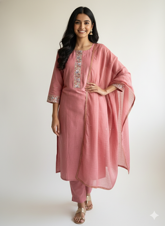 Blush Bloom Pink Cotton-Linen Suit with Floral Thread Embroidery