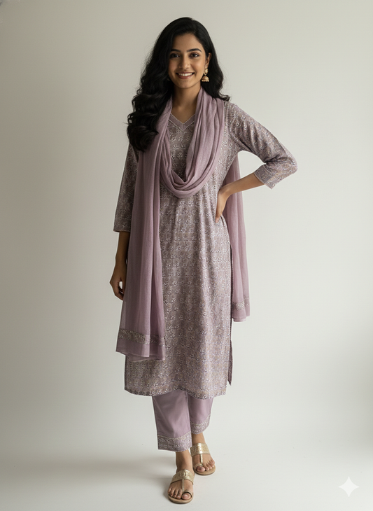 Lavender Handblock Printed Suit Set