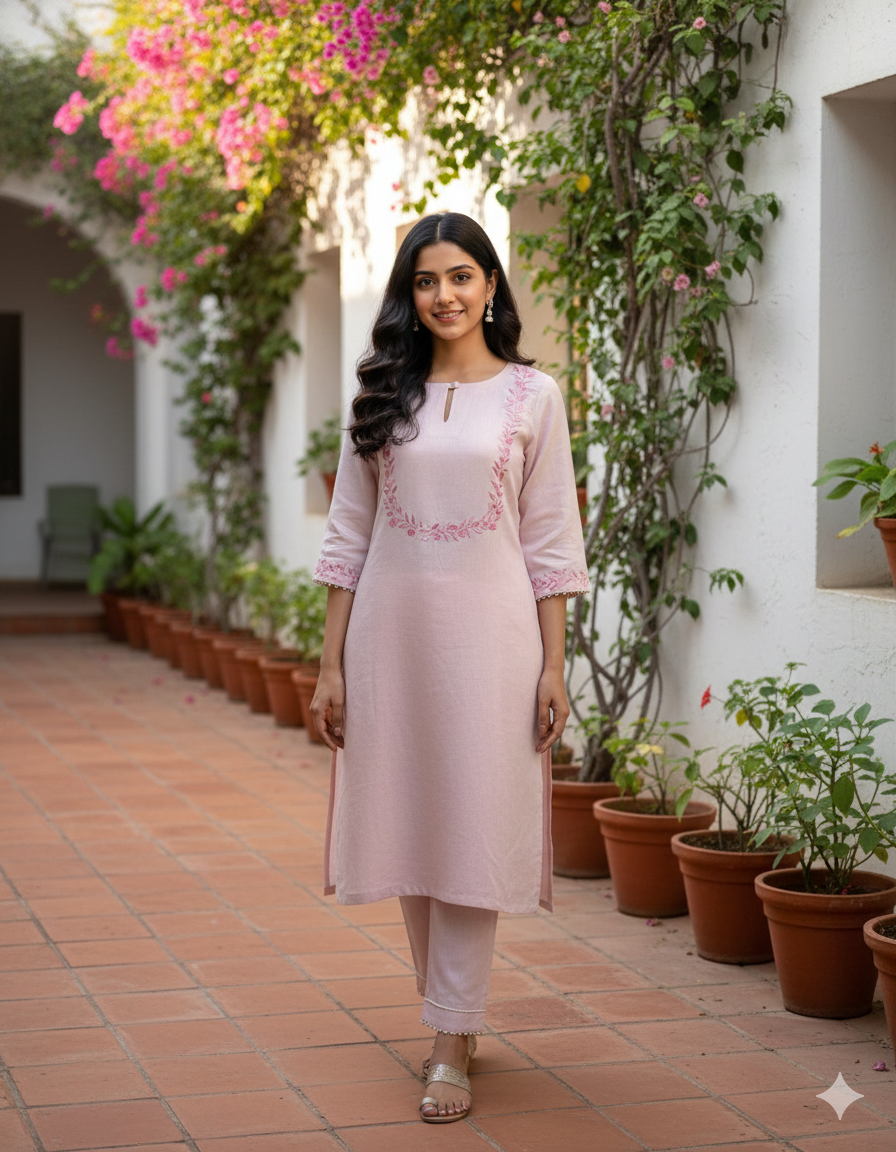 Tone-on-Tone Kurta Set in Rose Pink