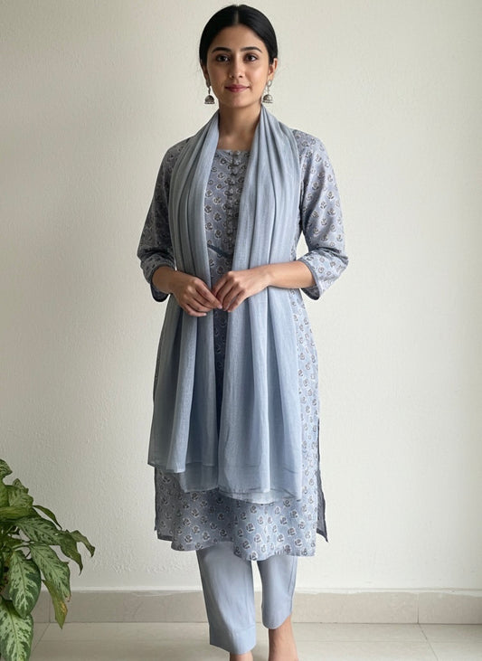 Dusty Blue Cotton Suit with Crochet Lace and Loop Buttons